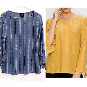 W5 ANTHROPOLOGIE Mariana Blouse Dot Stripe Blue White Ruffle 3/4 Sleeve Boho Top